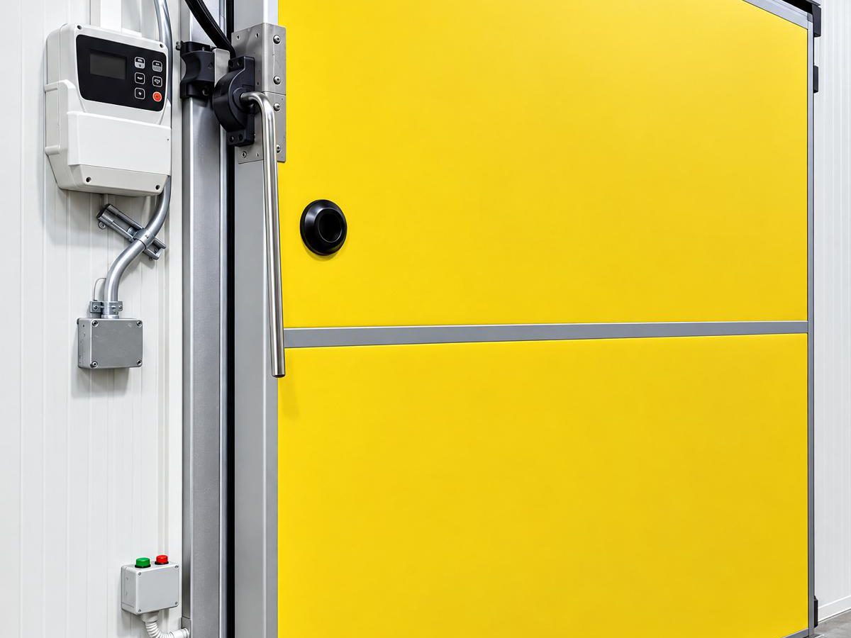 Insulated cold room door with a wall-mounted temperature controller