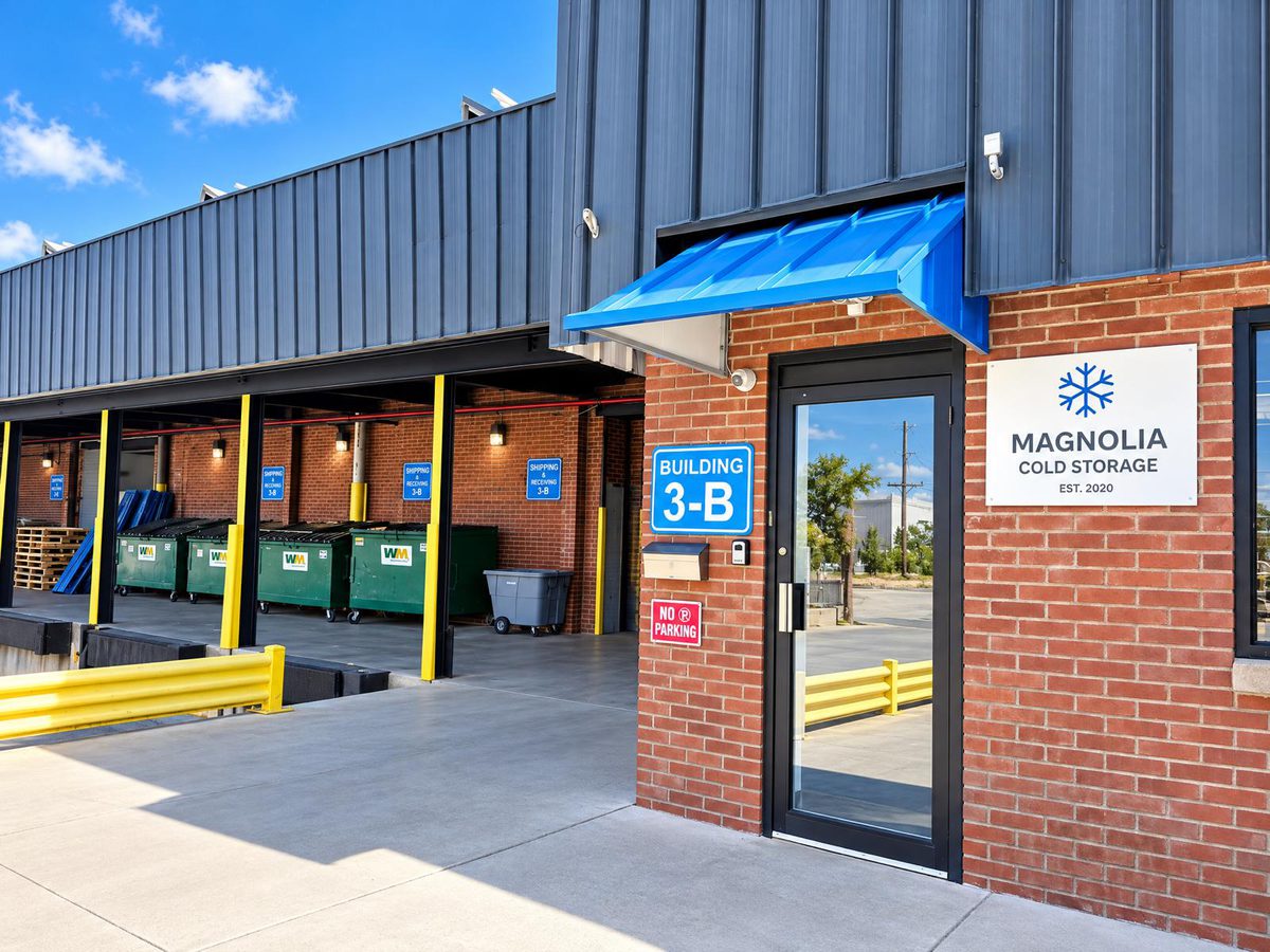 Magnolia Cold Storage entrance at Building 3-B with the company sign and blue awning