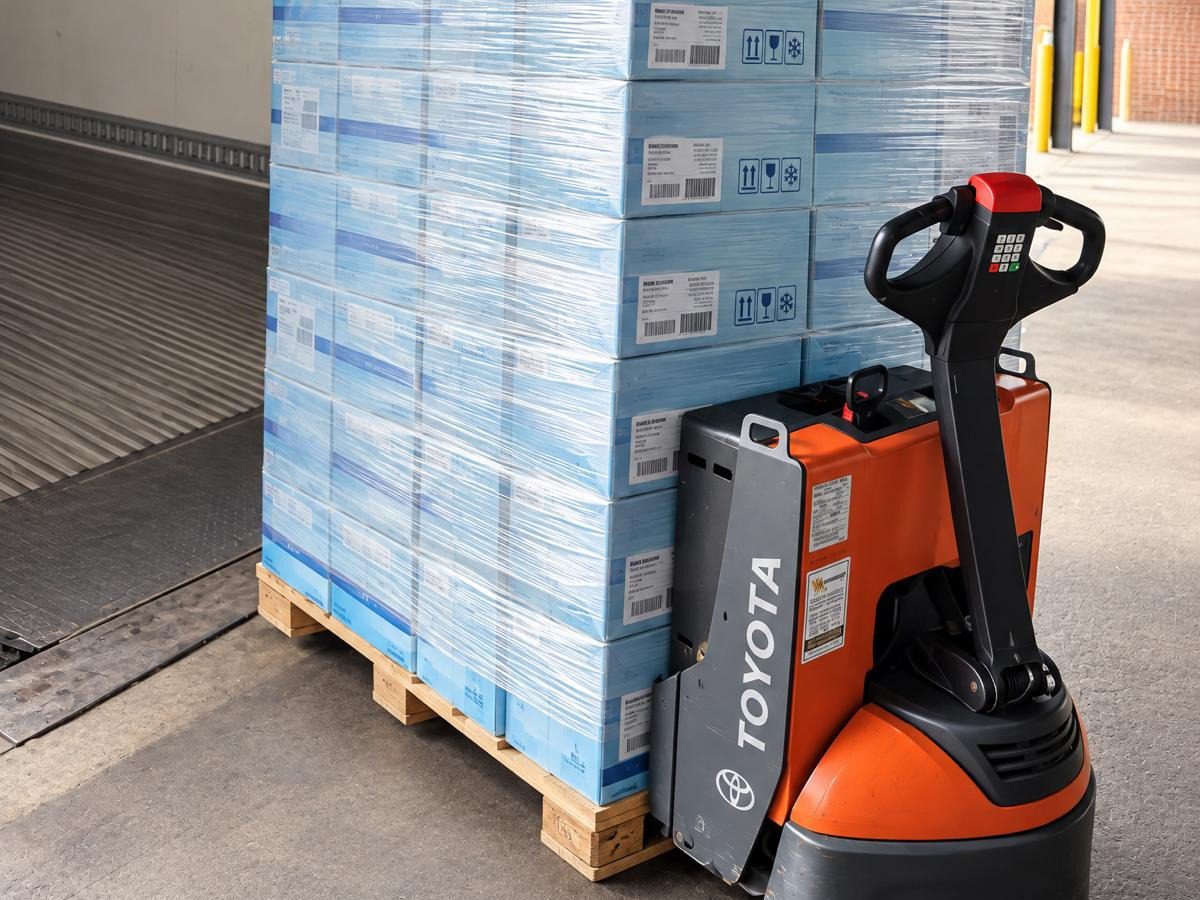 Labeled, shrink-wrapped pallet of frozen goods next to an electric pallet jack at the dock
