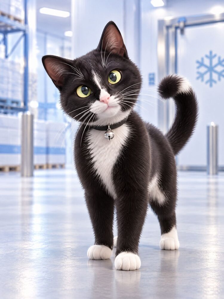 Beck, the facility cat, in the Magnolia cold storage corridor